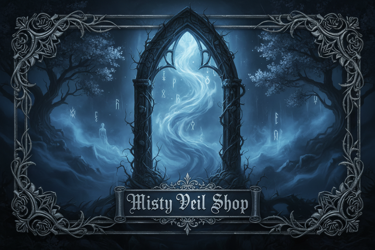 Misty Veil Shop in dark fantasy style with sapphire blue and silver colors